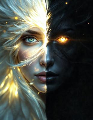 The primary subject of the image is a woman with blonde hair. She is depicted in two different styles, one with white hair and the other with black hair. The setting is a dark background, and the visual style appears to be a digital art or illustration. The colors and mood of the image are predominantly dark, with the woman's hair being the main source of contrast.